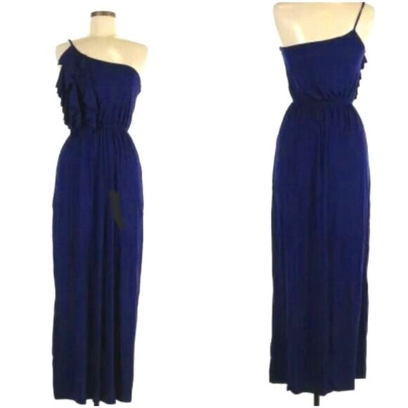 Modcloth Vertical Wave Navy Blue Ruffled Maxi Dress One Shoulder Fit & Flare - Picture 1 of 9